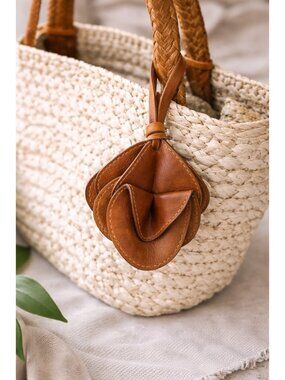 FARM RIO Leather Bag Charm Brown Floral Petal Keychain Purse Accessory